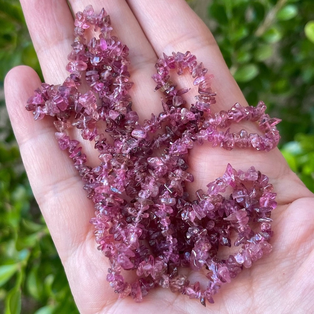 Natural pink rubellite tourmaline tumbled chip bead long necklace